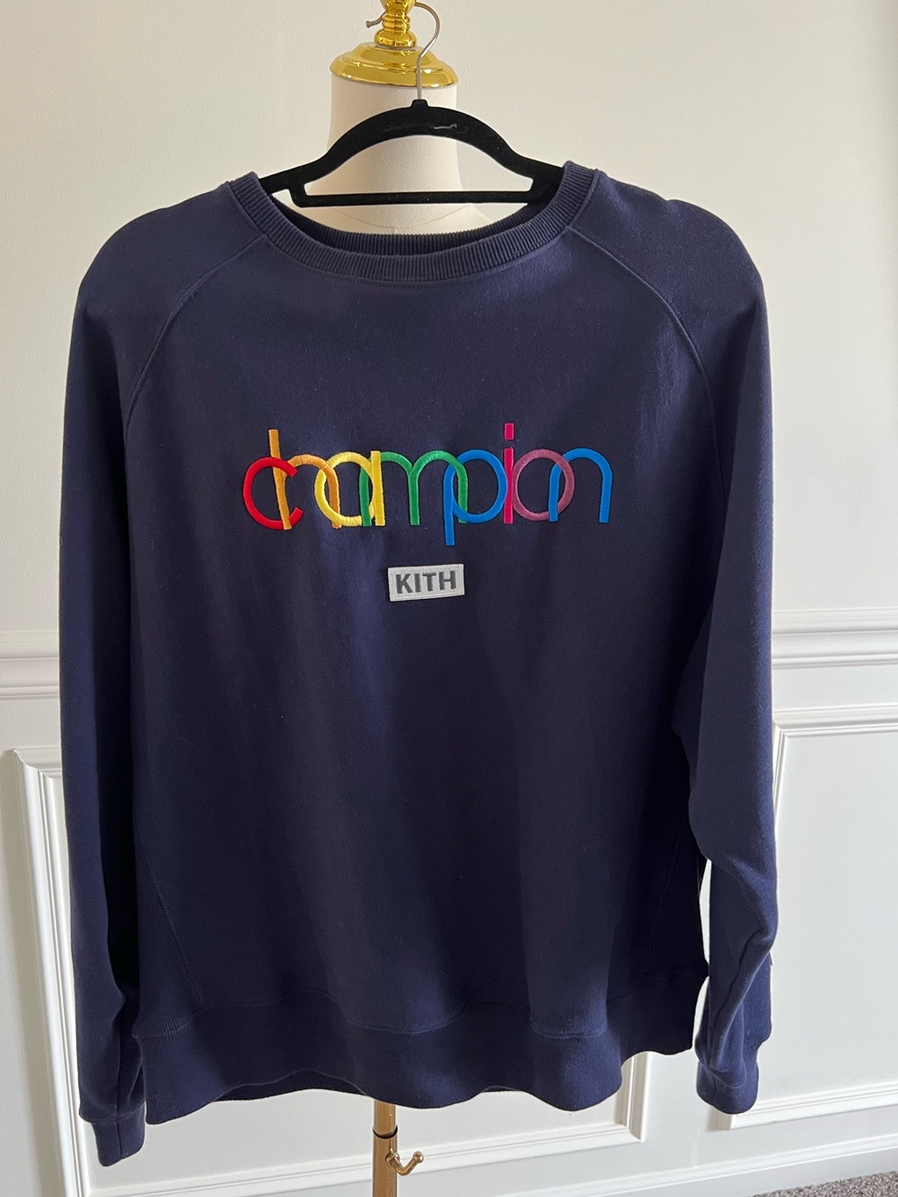 Champion x Kith Navy Crewneck Sweatshirt - Rainbow Logo